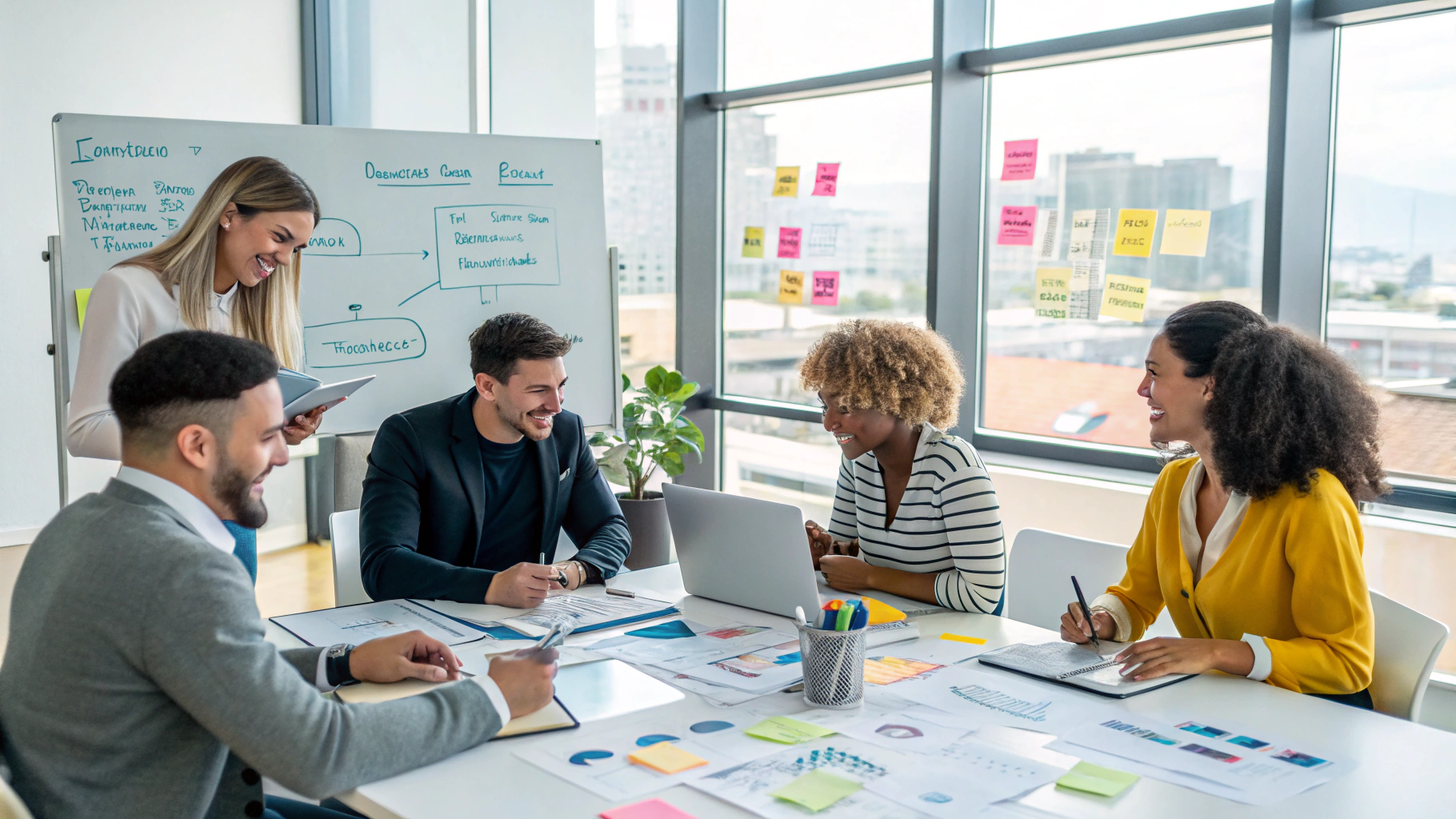 Marketing strategists reviewing campaign performance data in a modern office